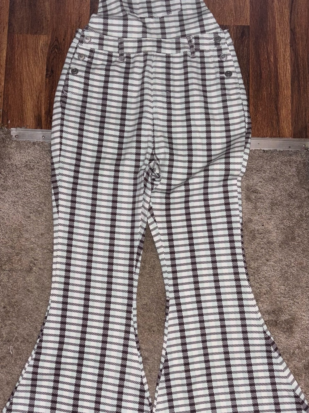 Peach Love California Dark Brown and White Plaid Flared Jeans overalls new